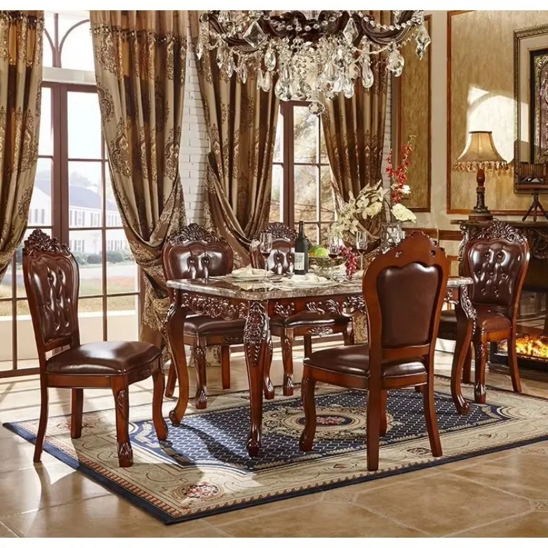 European Royal Marble Dining Table Chair Set Combination Dining Table Solid Wood Carving Rectangular Retro Dining Room Set view 3