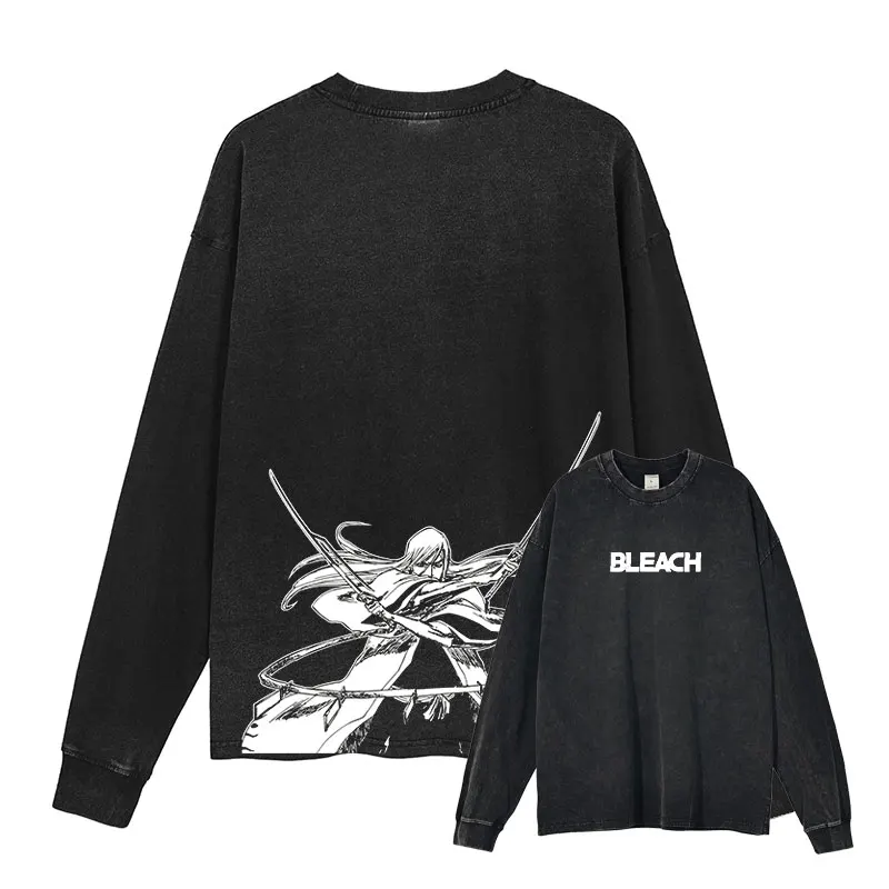 

Свитер BiliBili Anime B-Bleach, винтажная стираная футболка с длинными рукавами Kenpachi, толстовки Ichigo Renji, пуловер Kisuke, 100% хлопок
