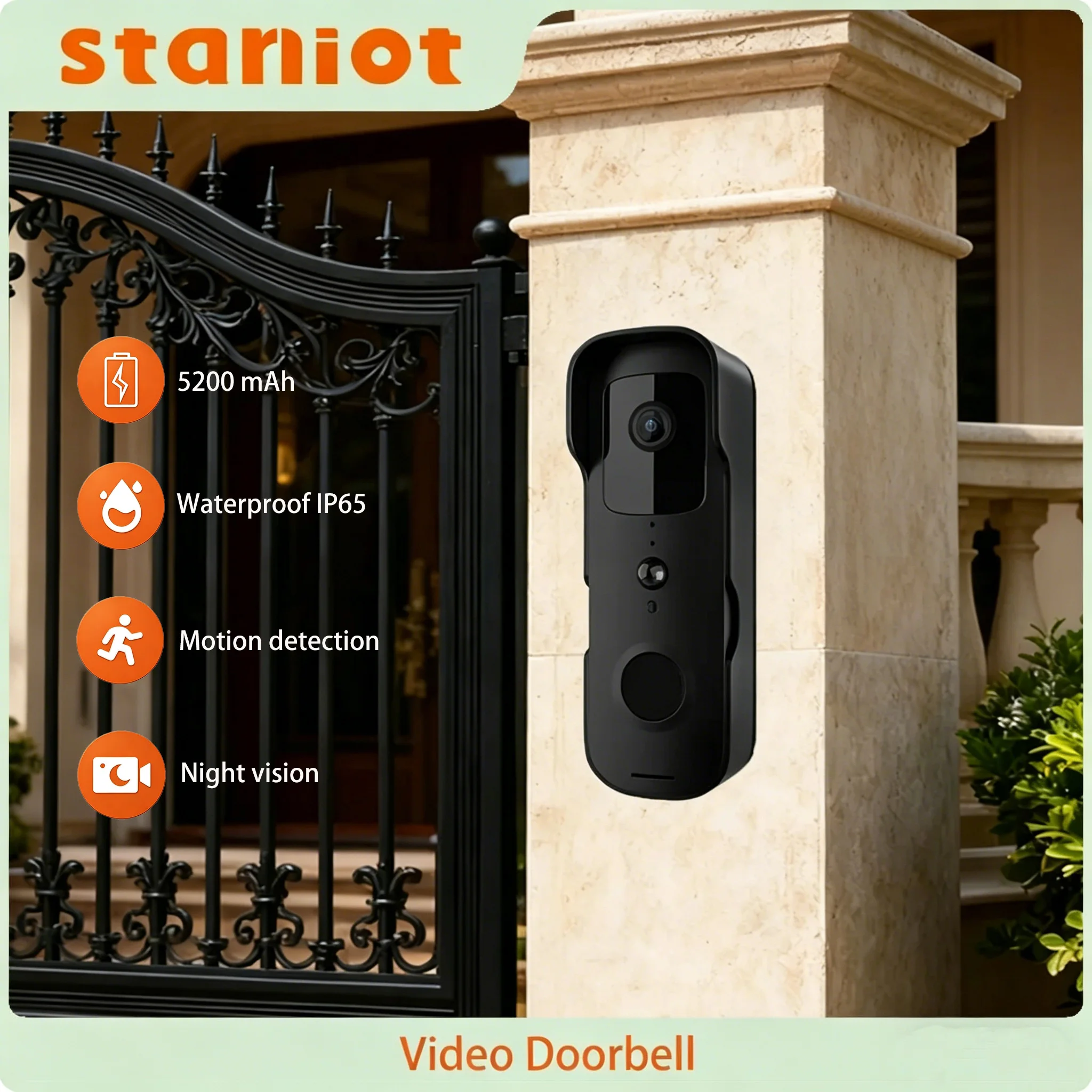 Staniot Outdoor Wireless Video Doorbell Smart Home Intercom Doorbell Waterproof Alarm Detector Night Vision Security Camera