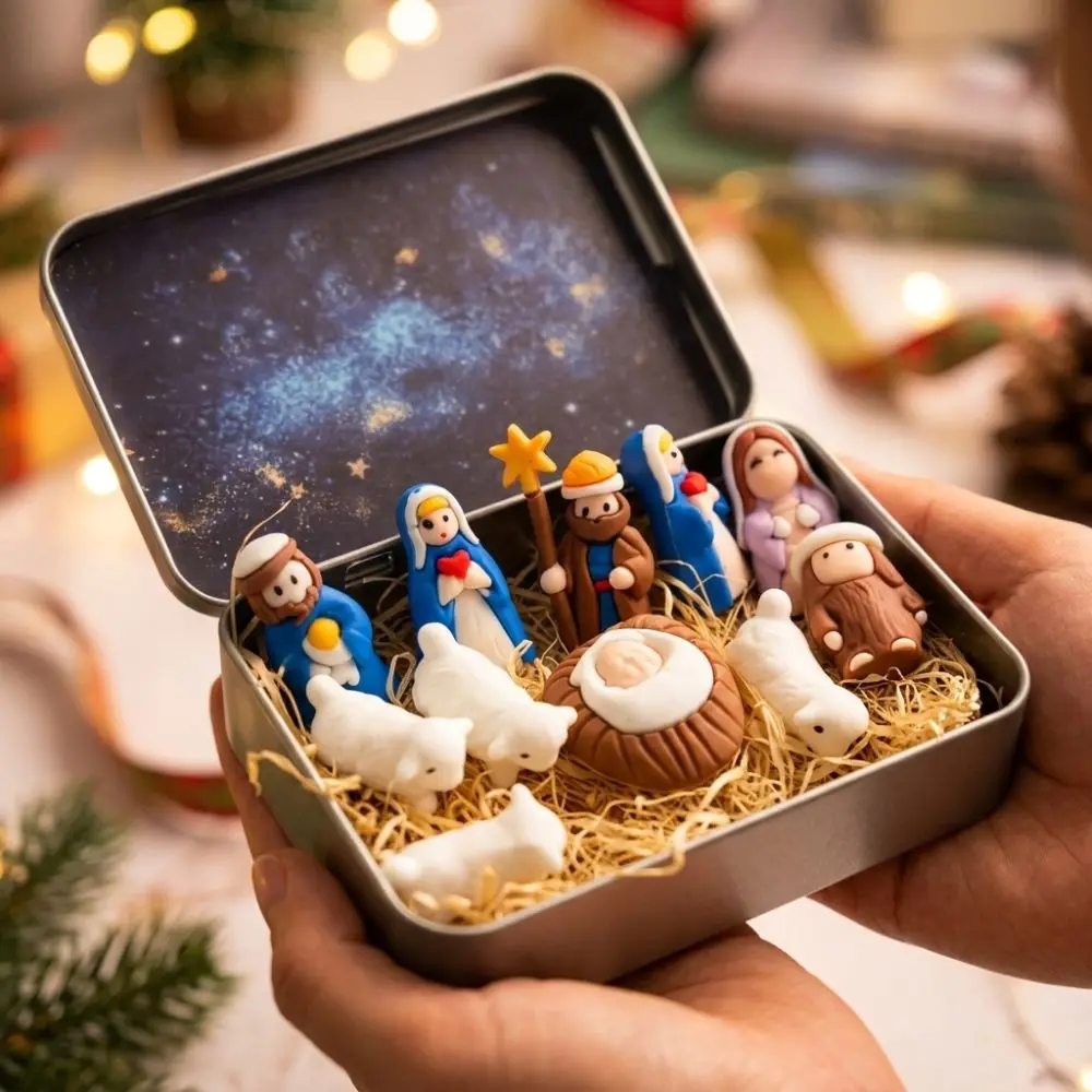 Metal Tin Box Mini Christmas Trough Set Hand Painted Holy Family Xmas Manger Ornaments 3D Printed Shepherd Animal