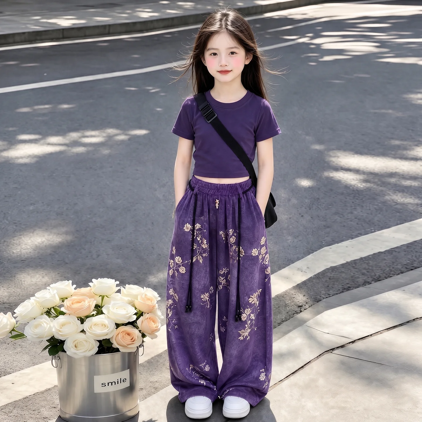 Girls Purple Chinese Floral Print 2 Pcs Outfit Short Sleeve Crop Top Wide Leg Pants Set Kids Summer Children Fashion Clothes