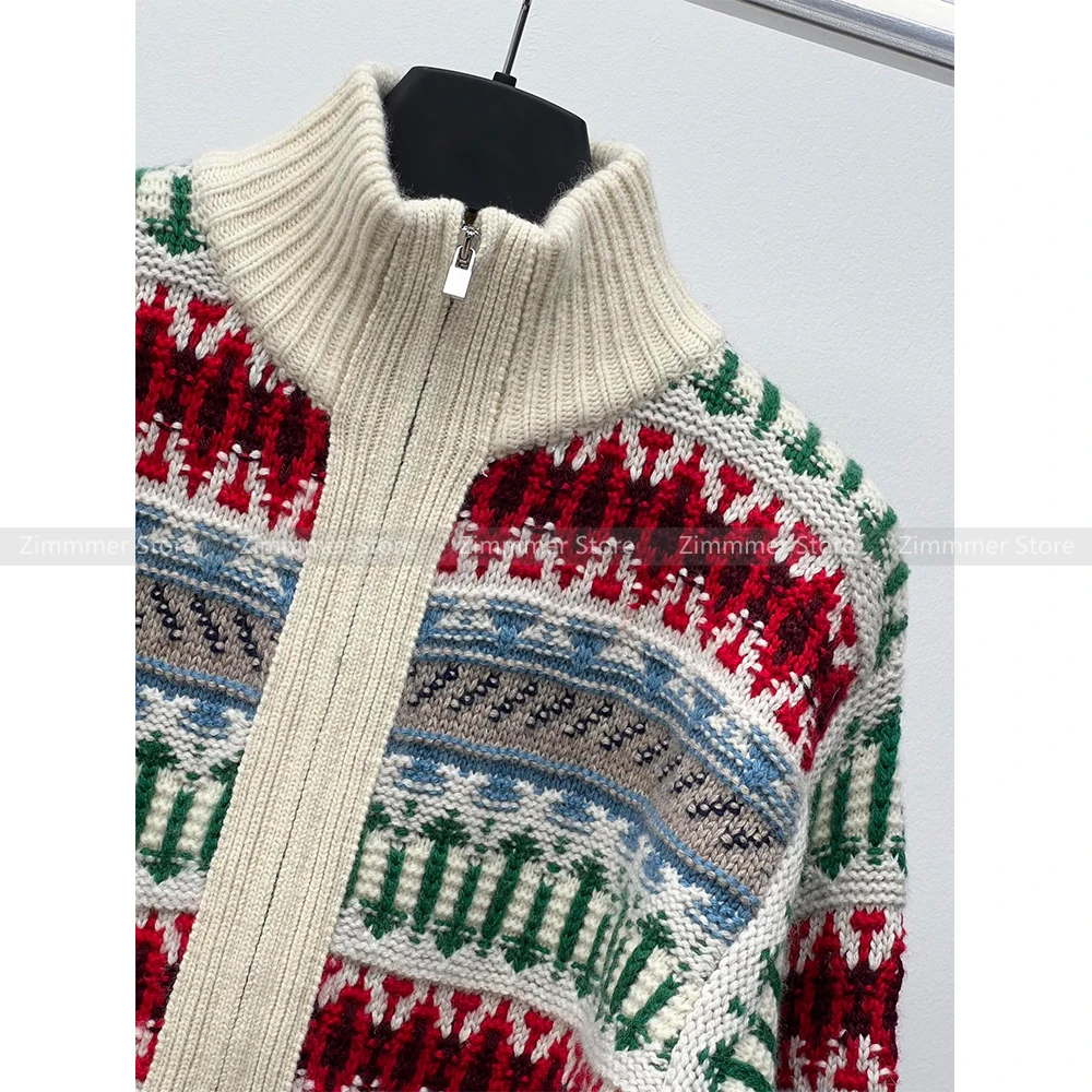 Colour jacquard collar cashmere knitted cardigan female 2024 autumn and winter new retro lazy wind double zip jumper jacket