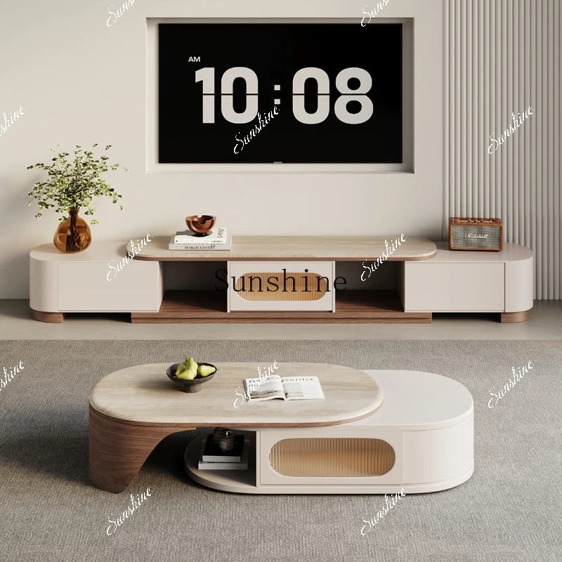 New travertine cream wind retractable solid wood coffee table TV cabinet combination  TF