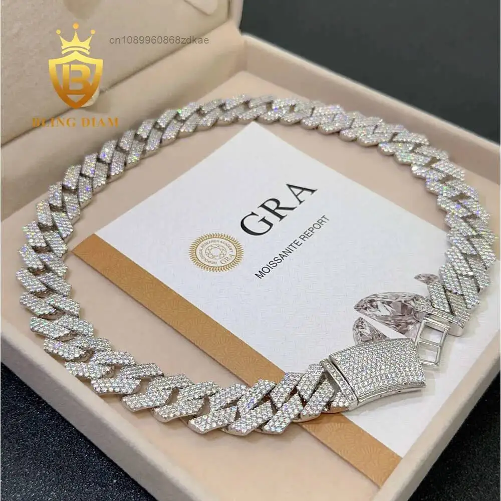 Luxury Iced Out Cuban Necklace 3 Row 18mm Hip Hop Fine Jewelry Vvs Moissanite Sterling Silver 925 Cuban Link Chain.
