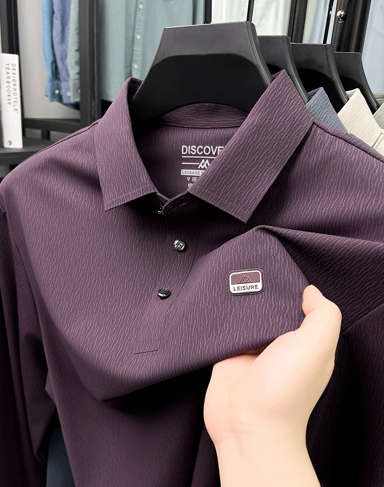 High end brand emboss fashion silky smooth polo shirt men long sleeve new top unique strip texture spring autumn casual T-shirt