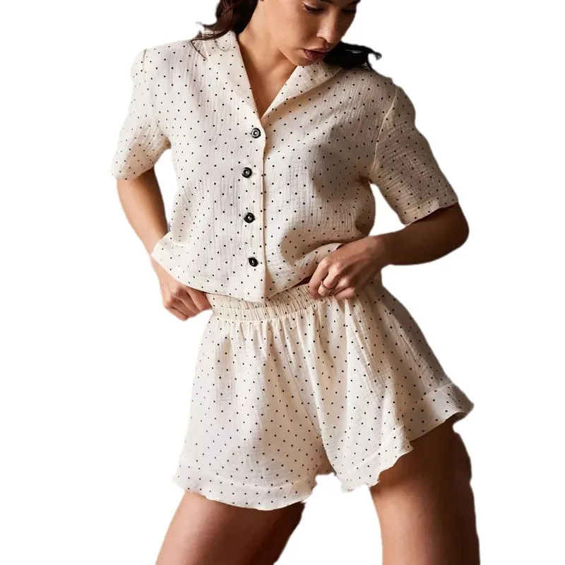 Women's Sleepwear Set With Sweet Polka Dot Short Sleeved Shorts, 2-piece Fashion Set, Girls' Sleepwear