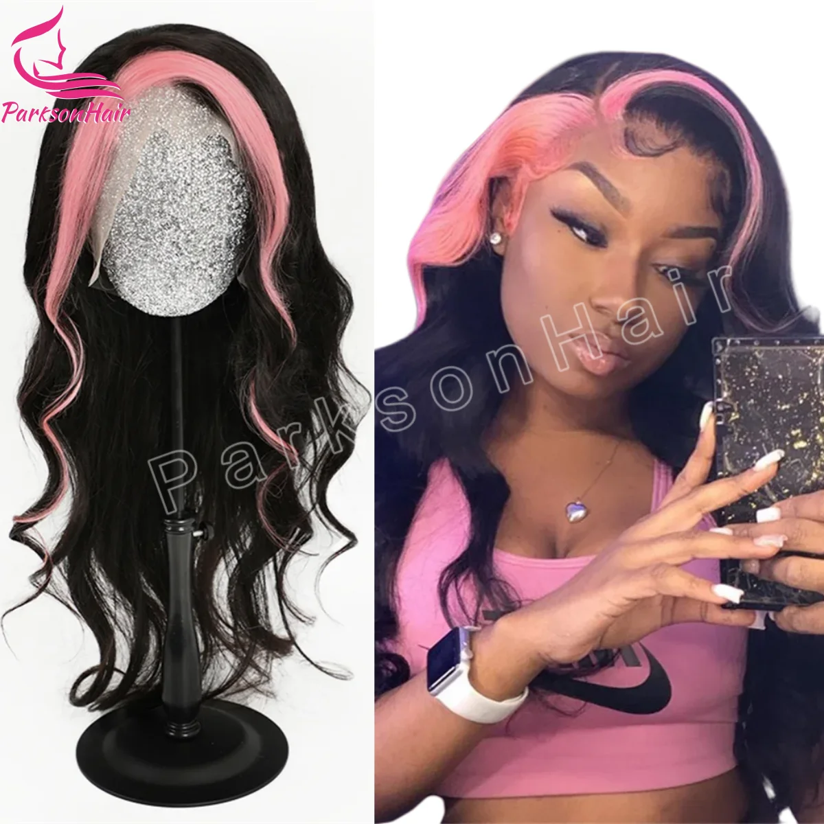 

Human Hair Wig Highlight Pink 13x6 HD Transparent Lace Front Wig Body Wave Side Part PrePlucked 13x4 Lace Frontal Wigs For Women