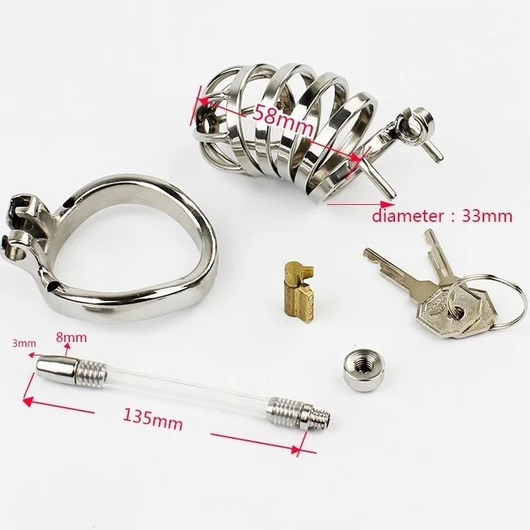 Male Stainless Steel Cock Cage Penis Ring Chastity Device Catheter with Stealth New Lock Adult Belt Sex Toy