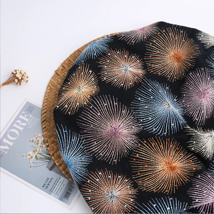 Thick Cotton Linen Fabric Flourishing Fireworks Embroidery Clothing Fabric Bags Pillows Seat Cushions Coffee Table Fabric