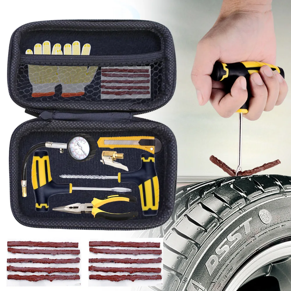 

Car Tire Repair Tool Kit Studding Set Auto Bike Puncture Plug Garage Needle Nose Pliers Vacuum Film Nail Screws W/ Storage Case