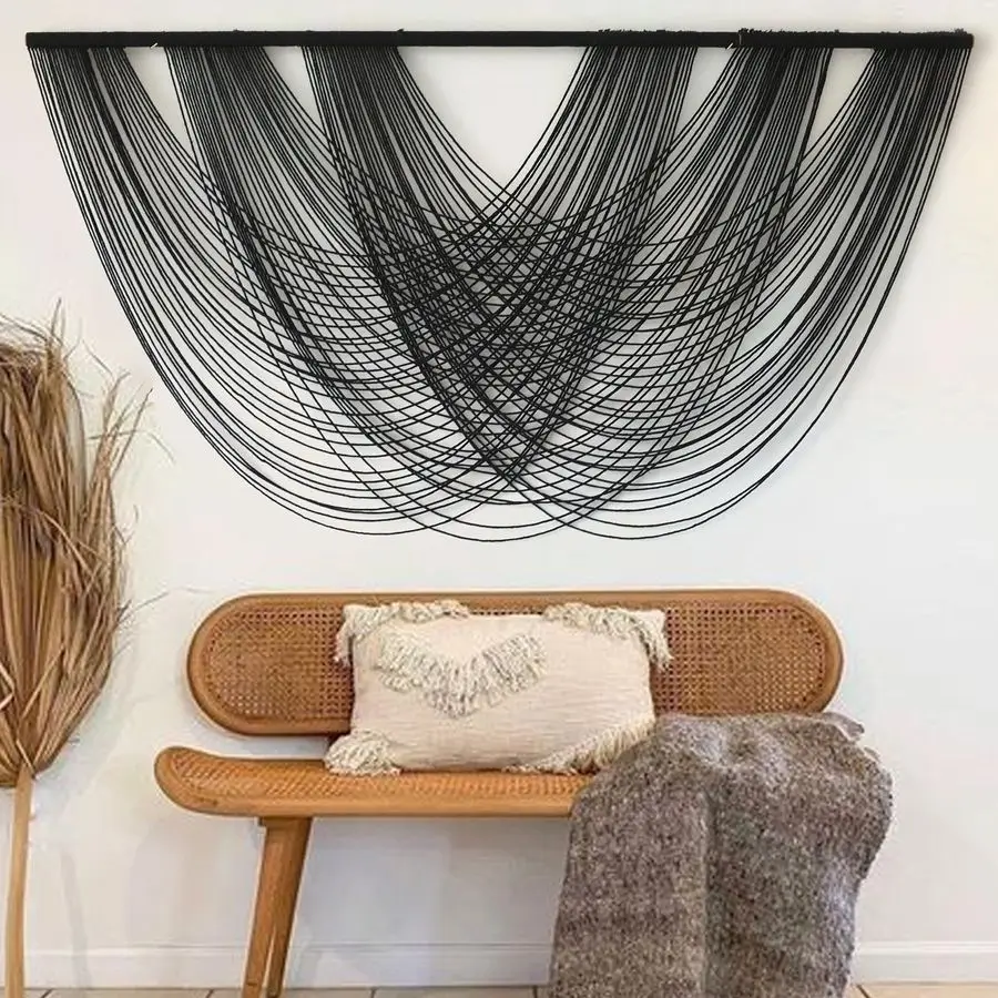 

Настенное панно из фиброволокна в стиле макраме, черное, 59.00 Ш x 31.00 Д, большой гобелен в стиле бохо из пряжи для декора стен в гостиной, спальне, дома