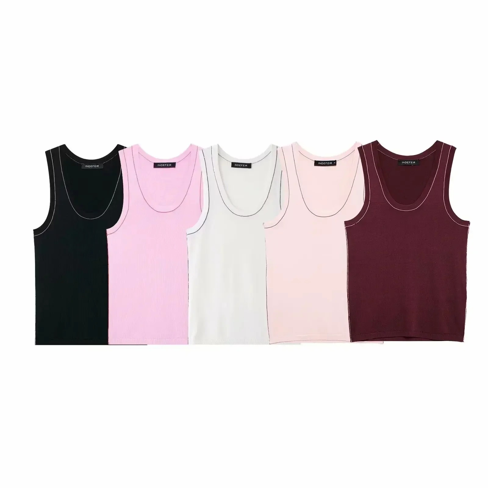 

Women's New Fashion Color Contrasting Edge Design Elastic Slim Knitted Top Retro O Neck Sleeveless Women's Tank Top Unique Top