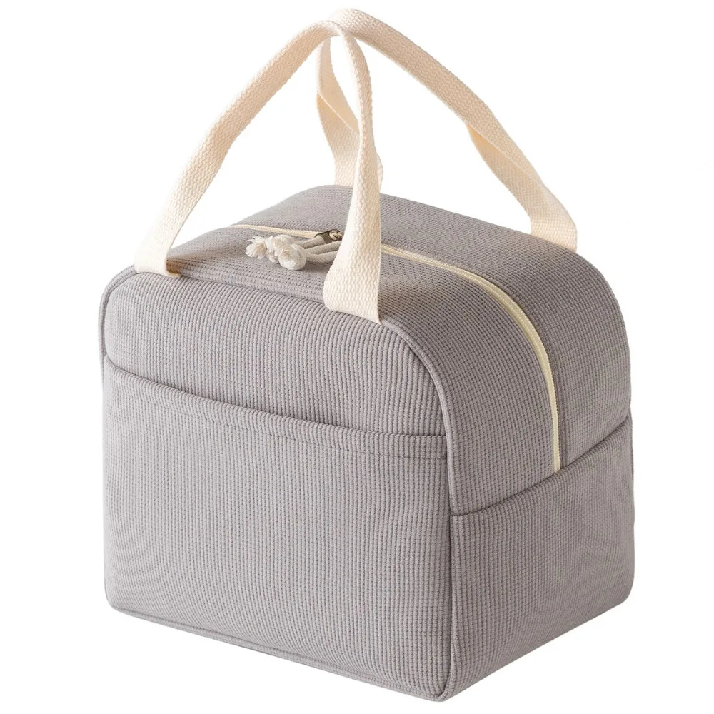 Stylish Corduroy Insulated Lunch Bag Hand-Held Portable Thermal Lunch Bag Minimalist Large Capacity Lunch Box Storage Bag Work