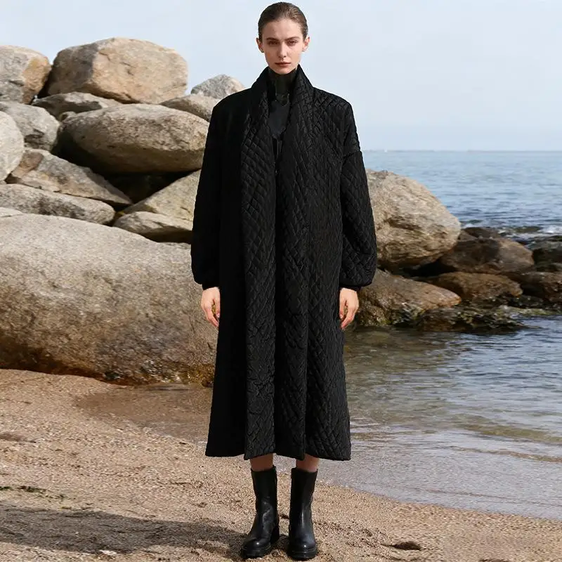 

Ele Long Sve Loose Diamond Pattern Coat Women's Faion Bla Windbreaker Autumn New Sle High-End Feel Slimming Effect