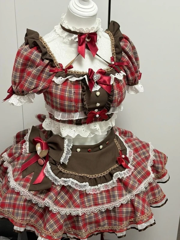 

Summer New Sweet Japanese Style Checkered Square Collar Top Lace Puffy Skirt Two-Piece Set Women's Fashion Spring Summer