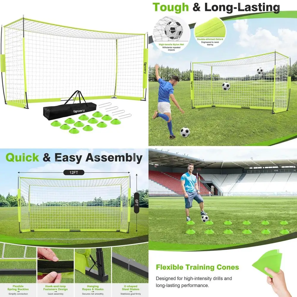 

Компактные футбольные ворота 12x6 футов для тренировок или игр на заднем дворе, простая установка, с сумкой для переноски и 12 конусами.