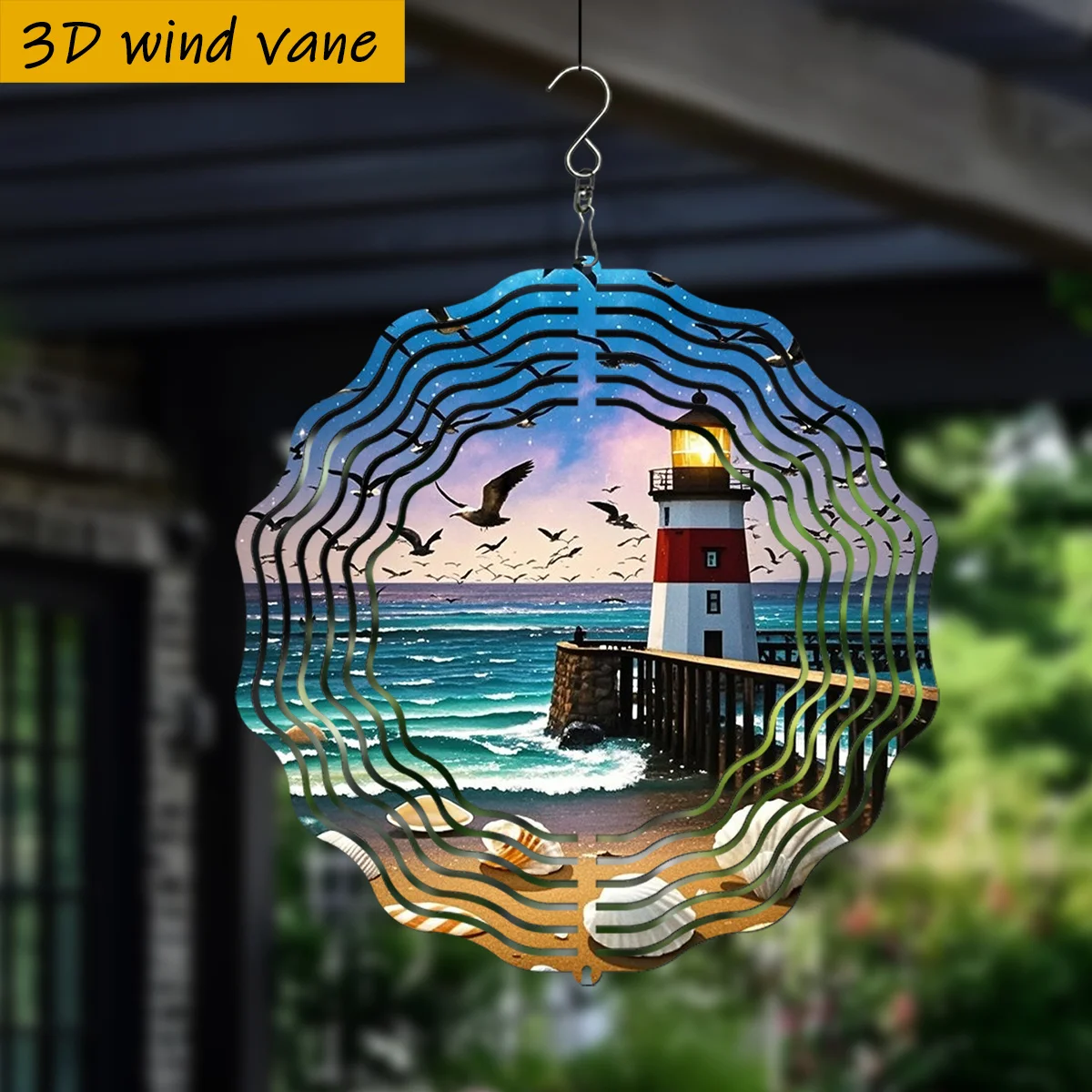 CIFBUY 360 Degree Spinning Wind Spinner Garden Decor Kaleidoscope Metal Wind Chime 3D Lighthouse Outdoor Patio Hanging Ornament