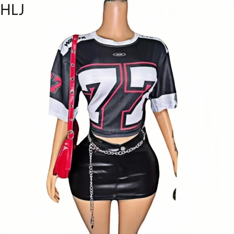 HLJ Black Y2K Fashion Letter Print Two Piece Sets Women O Neck Short Sleeve Loose Top And Leather Mini Skirts Outfits Streetwear