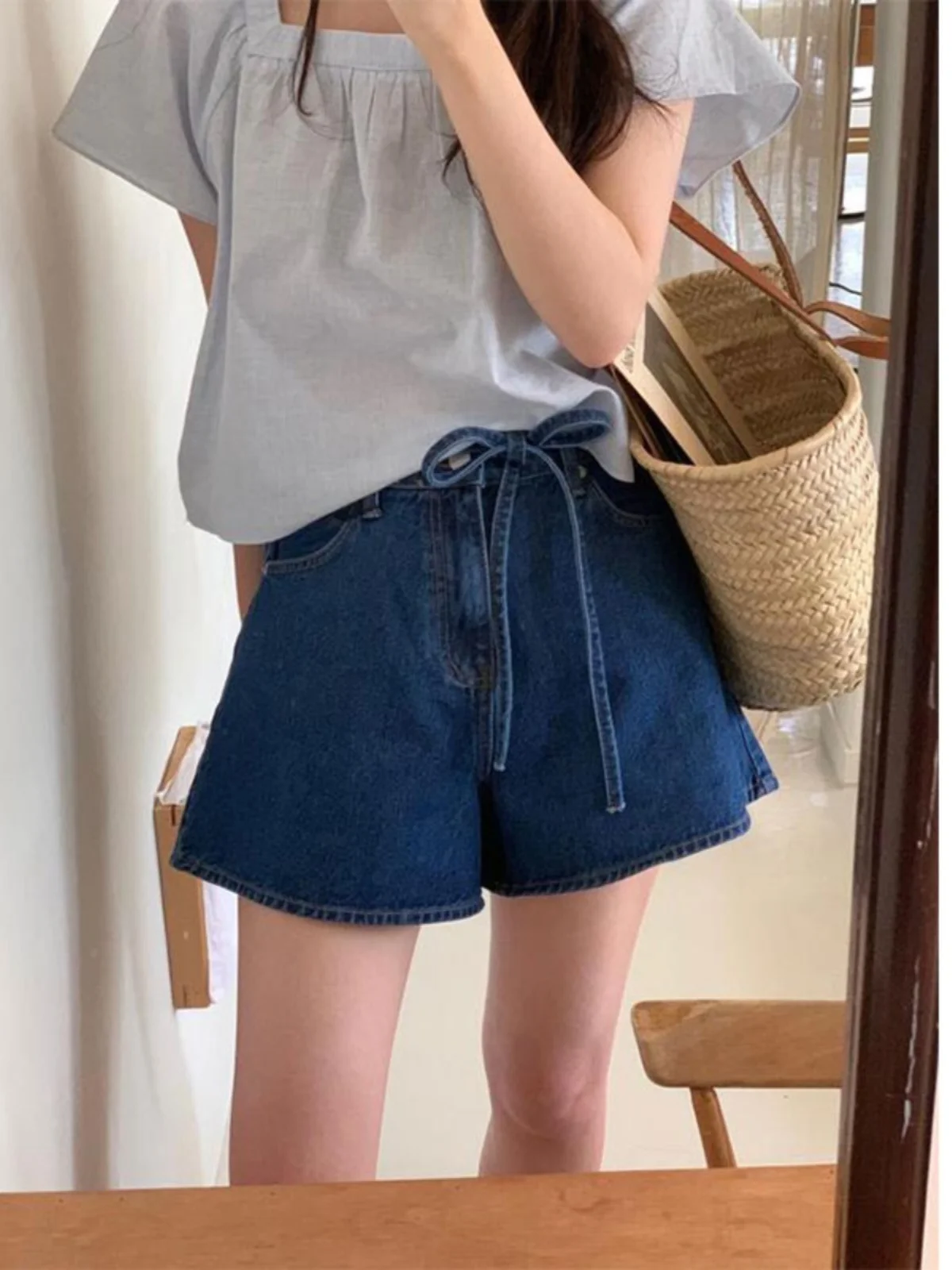 

Deep Blue High Waist Denim Shorts Women Summer Slimming Loose Wide Leg Hot Pants Tied A-Line Shorts Versatile Casual Shorts