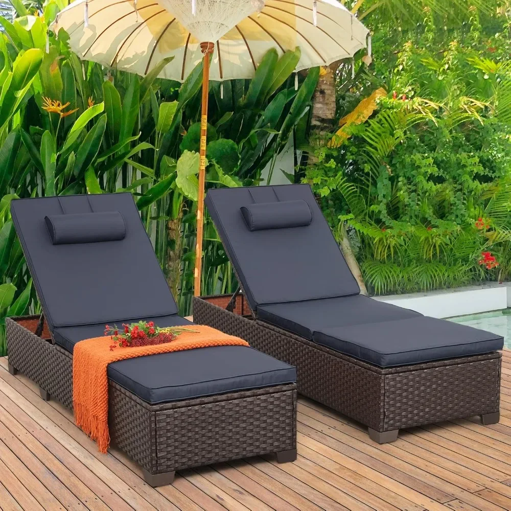 Outdoor Chaise Lounge Set of 2, Brown Wicker Patio Chaise Lounge Chairs Pool Lounge Chairs Multi-Angle Backrest Sun Loungers