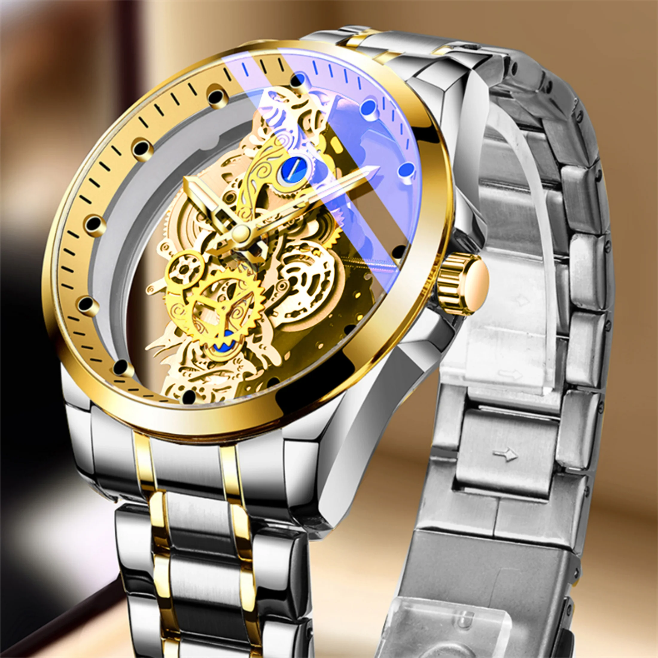 Business Watch Fashion Men\'s Watch 30M Waterproof  Rhinestone Hollow skeleton Stainless Steel watch Strap Quartz Watch A4281