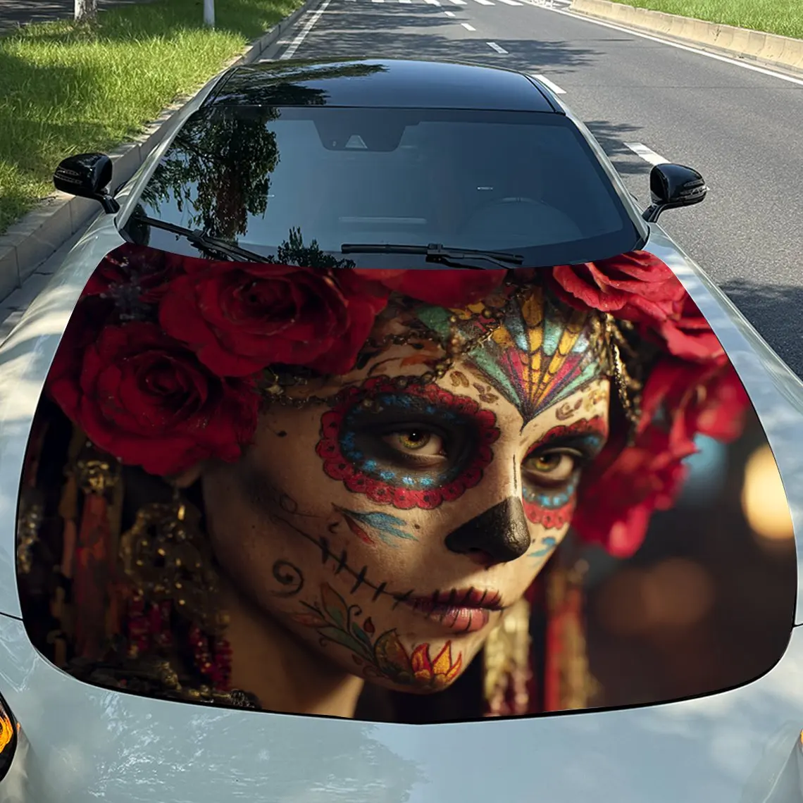 Beautiful Skeleton Makeup Woman Hood Decoration - Self-Adhesive Car, Motorcycle, Truck Hood Stickers - Easy Application & Remova