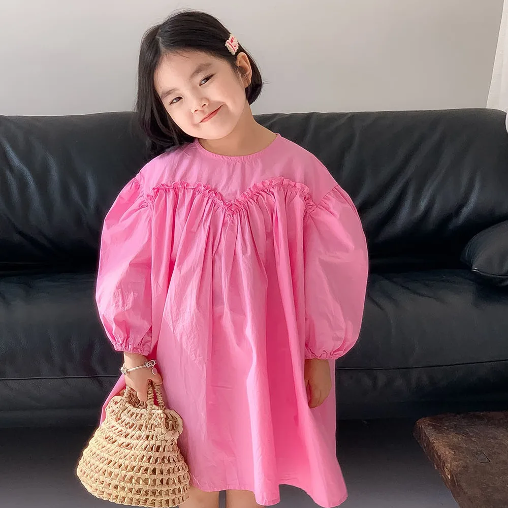 Girls Casual Dresses Spring Korean Girls Pink Dress New Long Sleeved Baby Princess Childrens Clothing 2024 Pleated