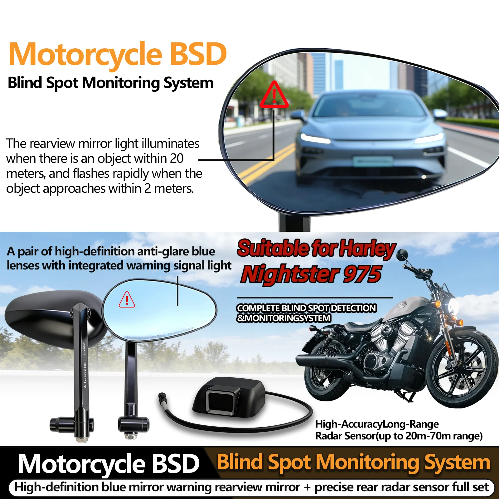 

For Harley Nightster 975 Precision Blind Spot Detection Motorcycle Radar Mirror Anti-glare HD Night Vision Lane Change Assist