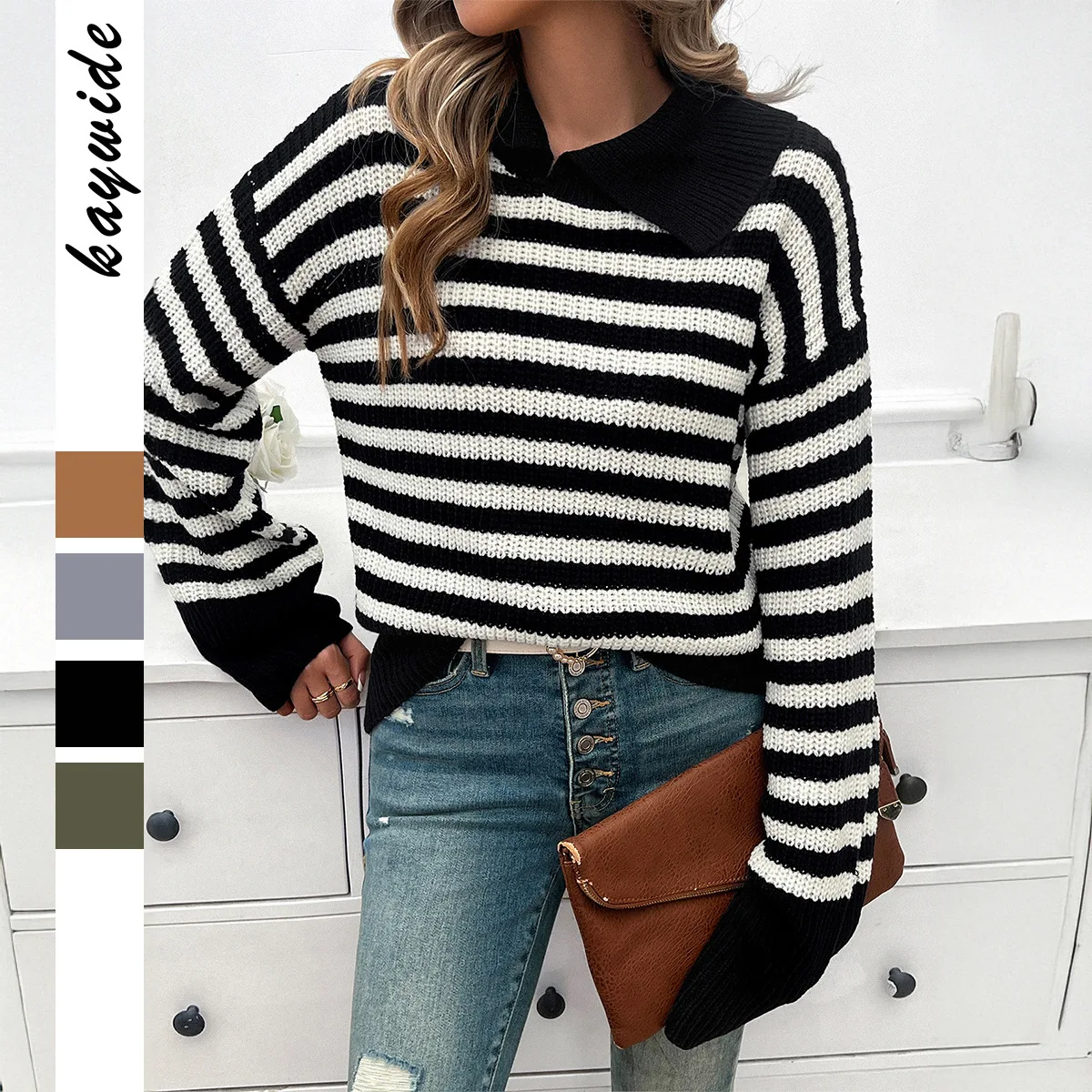 

Повседневный простой женский свитер в полоску с лацканами, женская одежда, весна-лето 2021, независимая станция Amazon