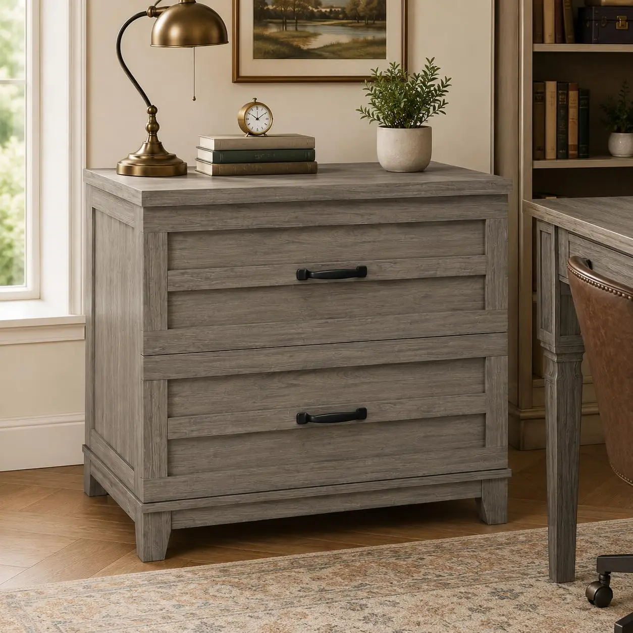 2 Drawer Farmhouse File Cabinet, Wood Storage Fits Legal A4 Files, Organizer & Printer Stand with Heavy Frame, Grey, Customized