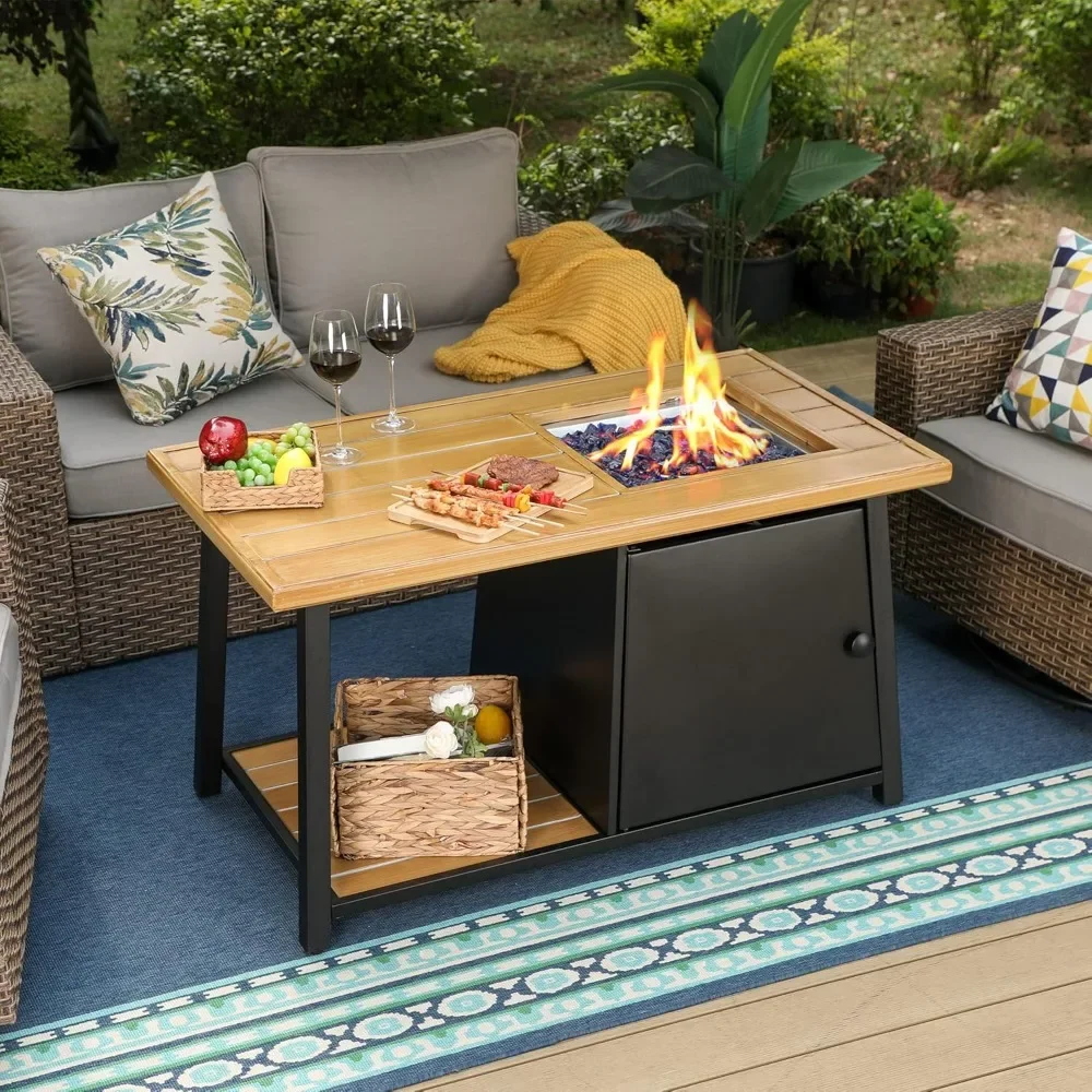 

Outdoor gas fire pit table with storage space, 46 "large rectangular patio, 50,000 BTU fire table, wooden top, iron rack