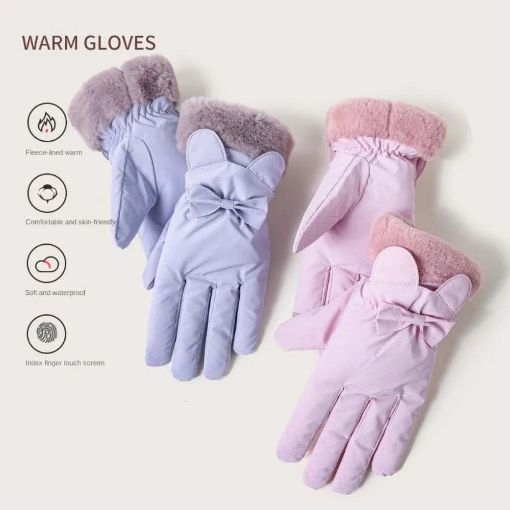 Cute Down Cotton Bow Anti-cold Mittens Touch Screen Soft Ears Finger Mittens Waterproof Swen Thickened Gloves Winter