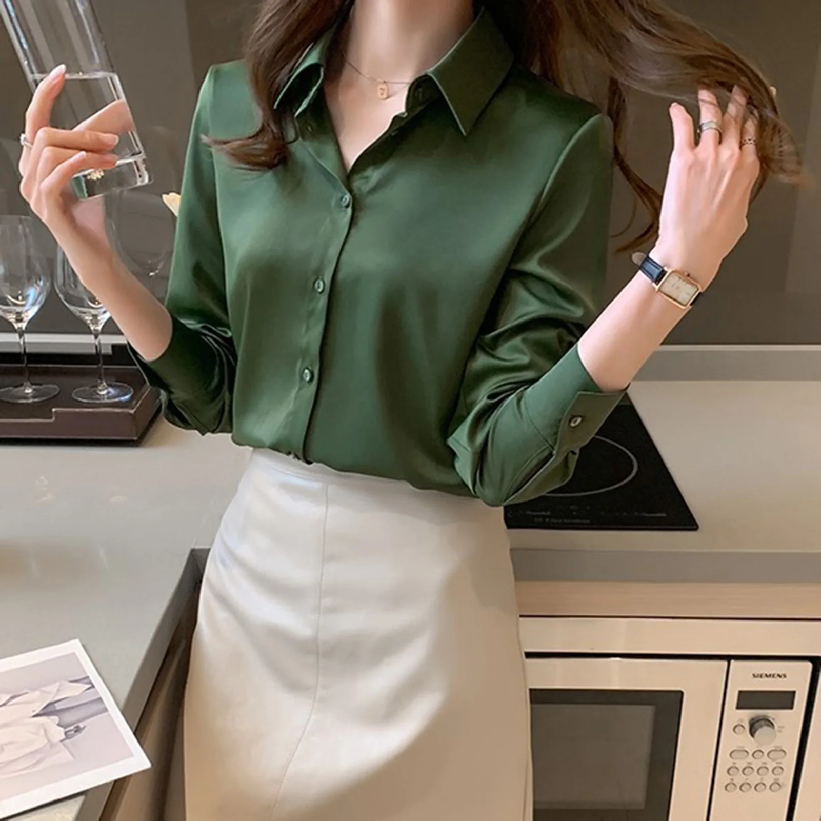 New Hot Women Formal Satin Blouse Button Down Casual V-Neck Long Sleeve Blouse Gift for Christmas Birthday New Year