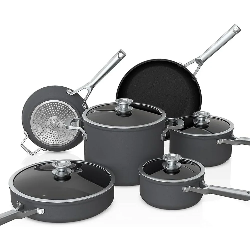 NeverStick Premium 10 Piece Pan and Pan Skillet Set, Hard Anodized Kitchen Cookware Set Non-Stick, Heated to 500°F, Gray