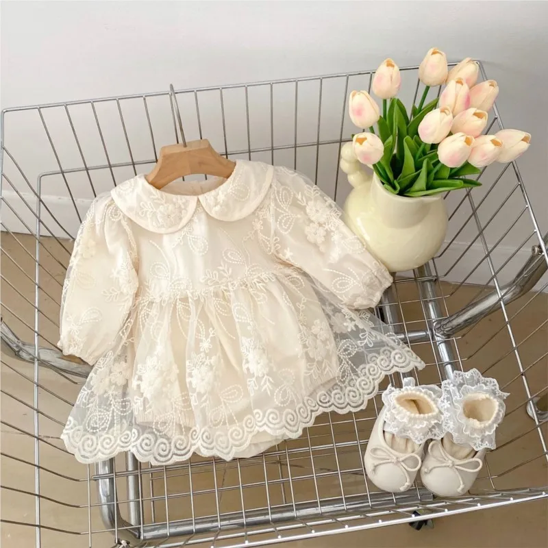 Newborn Baby Girl Cotton Princess Tulle Dress Romper Infant Long Sleeve Lace Embroidery Jumpsuit Autumn Birthday Clothes 3-18M