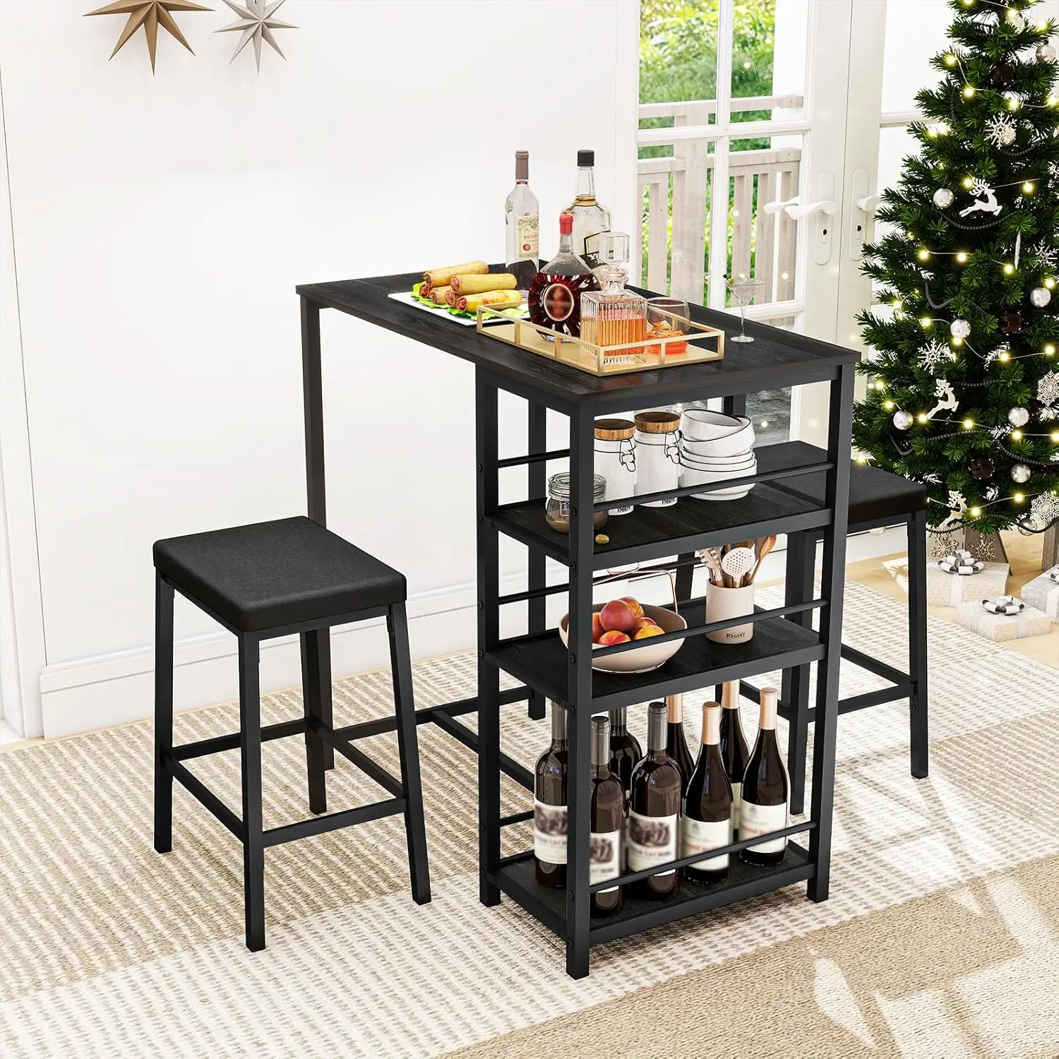 

3 Pieces Pub Dining Table Set, Dining Table Set for 2, Counter Height Dining Set, Black Kitchen Bar Table, with 3 Storage Shelf