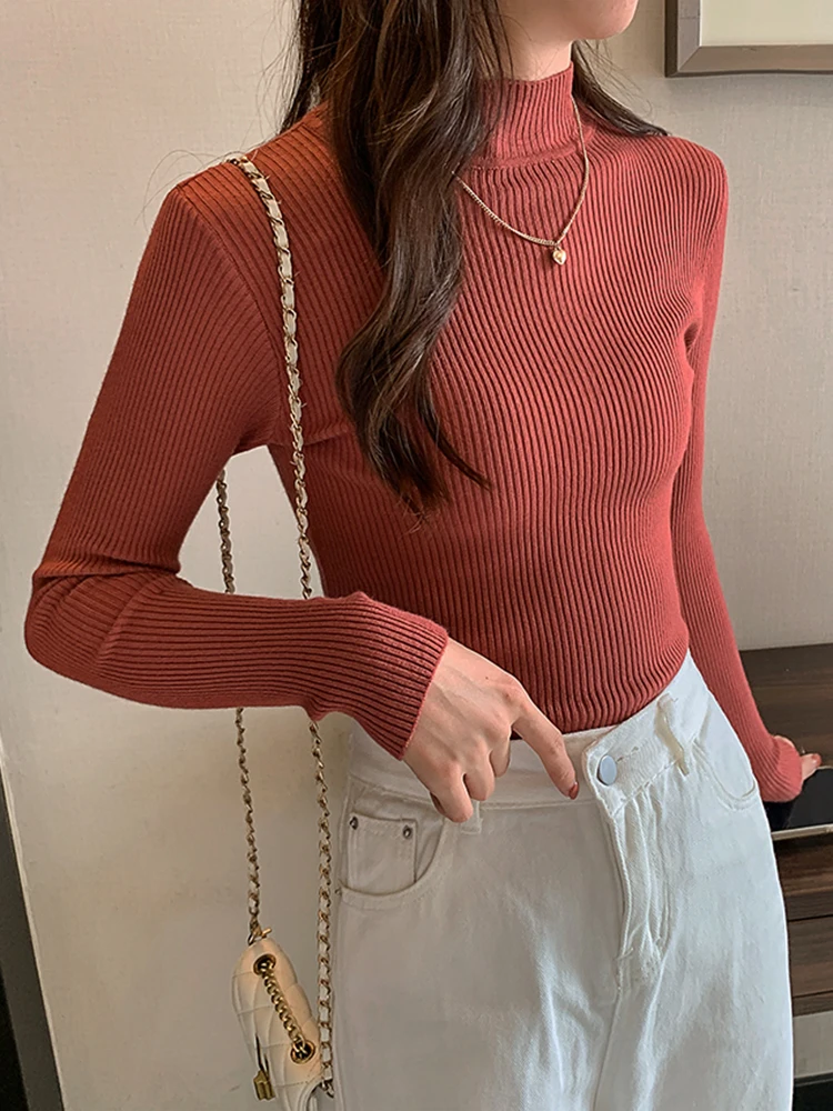 Autumn Winter Turtleneck Women Sweater Vintage Basic Solid Knitted Tops Casual Slim Pullover Korean Sweaters Simple Chic Jumpers