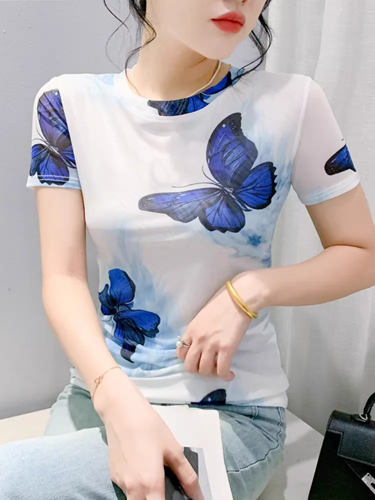 Top de manga curta com decote em O feminino, camisetas básicas para meninas, tops femininos, borboletas estampadas, malha elástica alta, slim fit