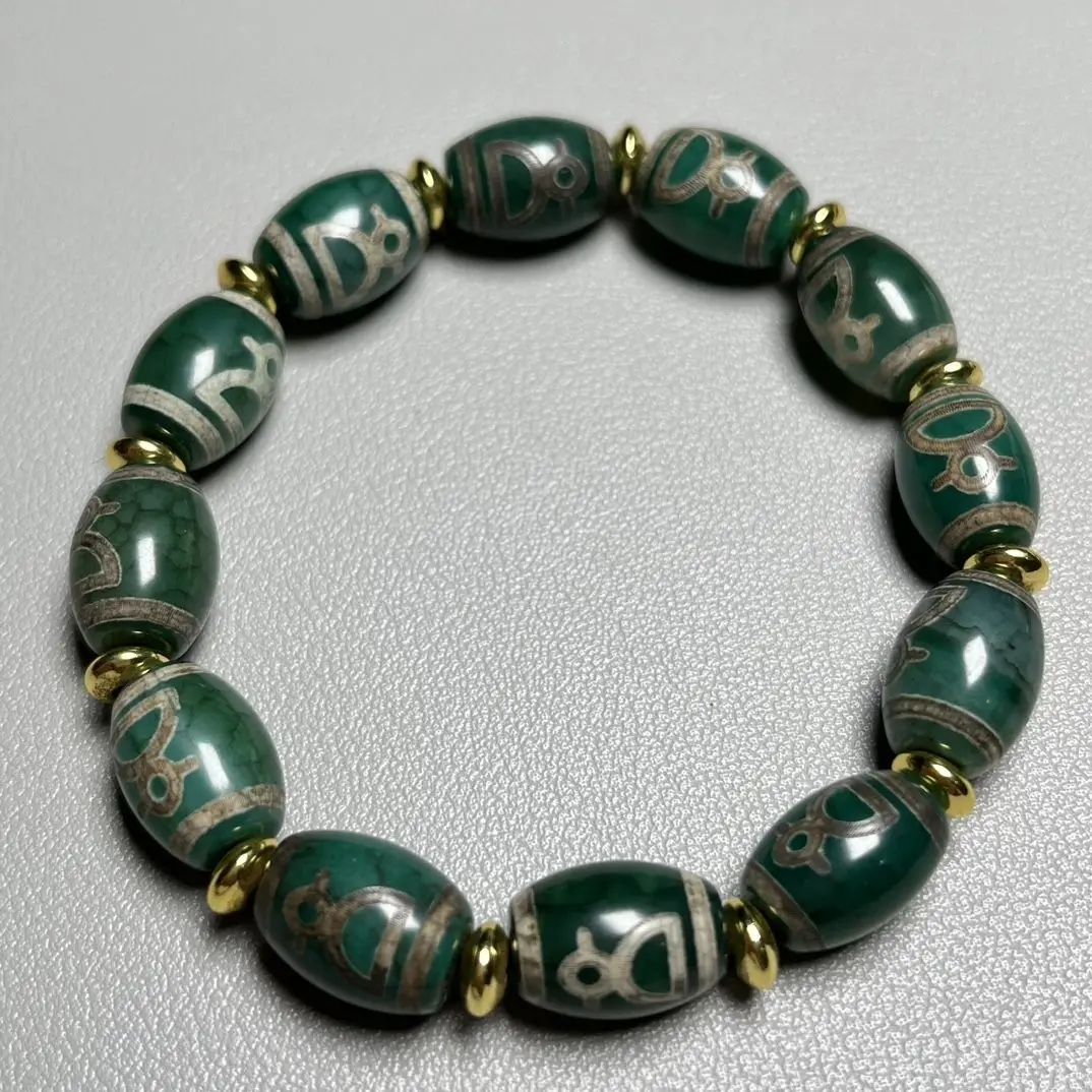 Tibetan God of Wealth Dzi Bead Bracelet Classic Green Dragon Scale Pattern Old Agate Natural Genuine Bracelet Ethnic Style Men's