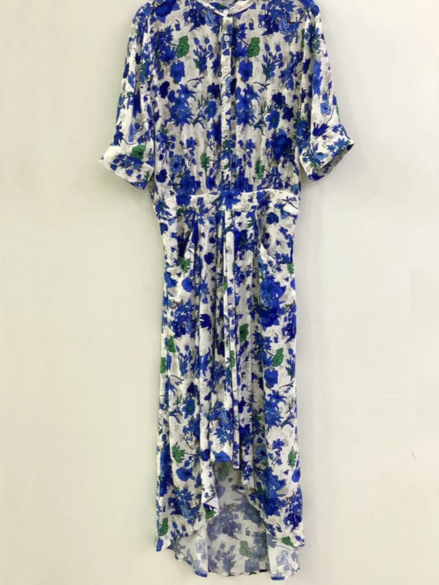 

Blue Flower Print Women Pleated Midi Dress Summer Front Buttons Stand Collar Short Sleeve Elastic Waist Elegant Female Robe