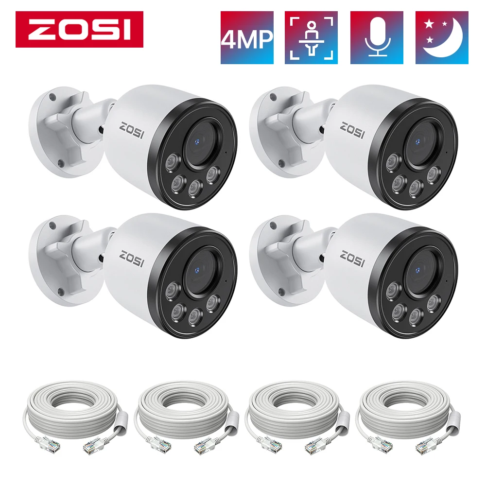 

ZOSI 2PK/4PK 4MP Add-on Camera with Ethernet Cables Outdoor Weatherproof PoE Security Camera with Audio Only Work PoE NVR System