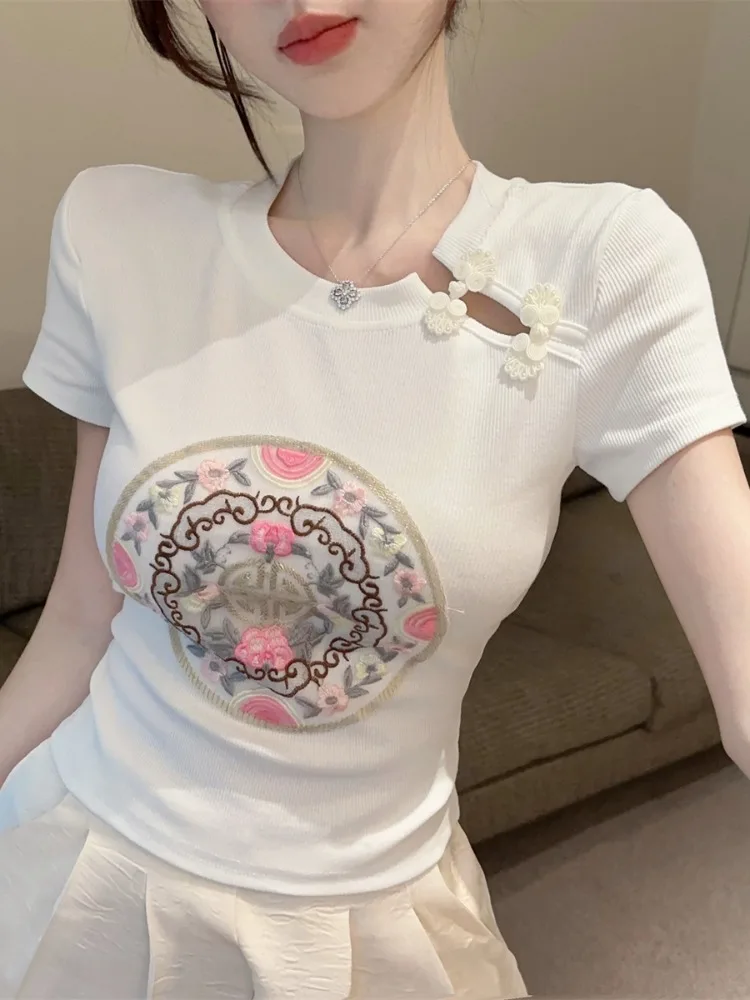 

Slimming Short Sleeve T-Shirt Women's Style Embroidered Button Collar Design Korean Commute Style Summer Top