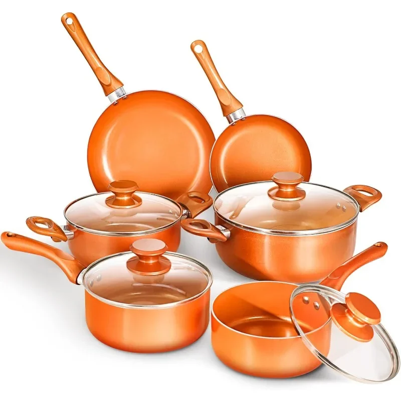 

Nonstick Cookware Set Pots and Pans Set Ceramic Coating Saucepan for Cooking Stock Pot with Lid Frying Pan Copper 10 pieces