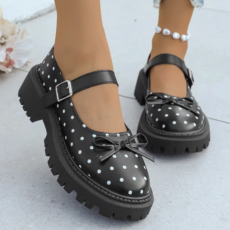 Spring Autumn Round Toe Women Mary Jane Shoes 2026 Fashion Retro Polka Dot Bow Decor Adjustable Buckle Strap Casual Single Shoes