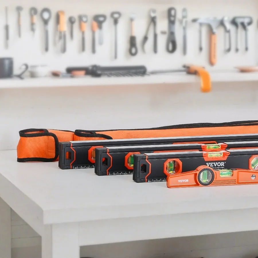 

4Piece Torpedo Level 48 24 16 10 Inch Box Levels Set Fluorescent Light Up Bubble Vials Ruler for 45 90 180 Degree Aluminum All