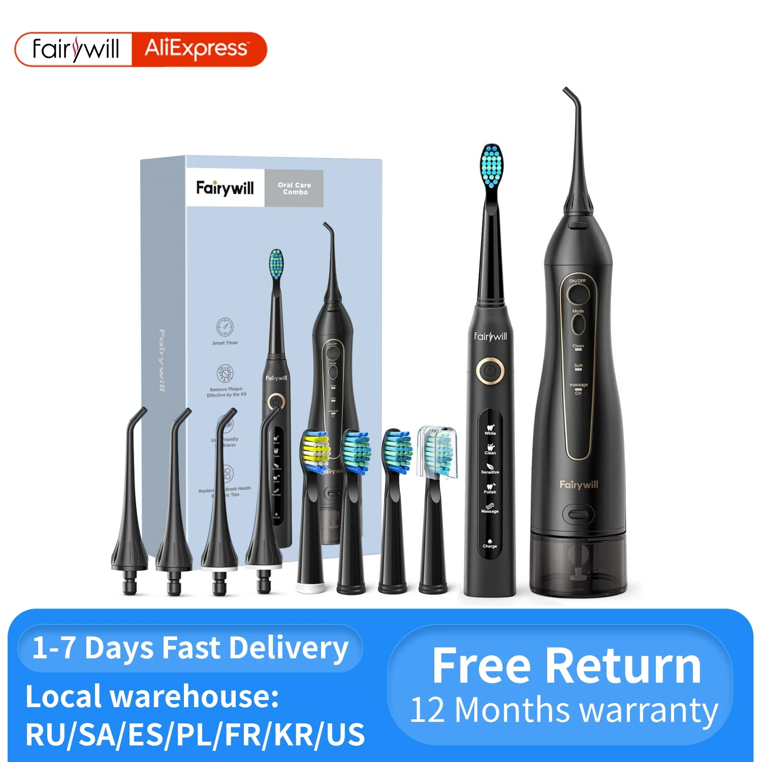 Fairywill Electric Sonic Toothbrush & Water Flosser USB Charge Waterproof 5 Modes 3 Brush Heads Toothbrushes Teeth Cleaner