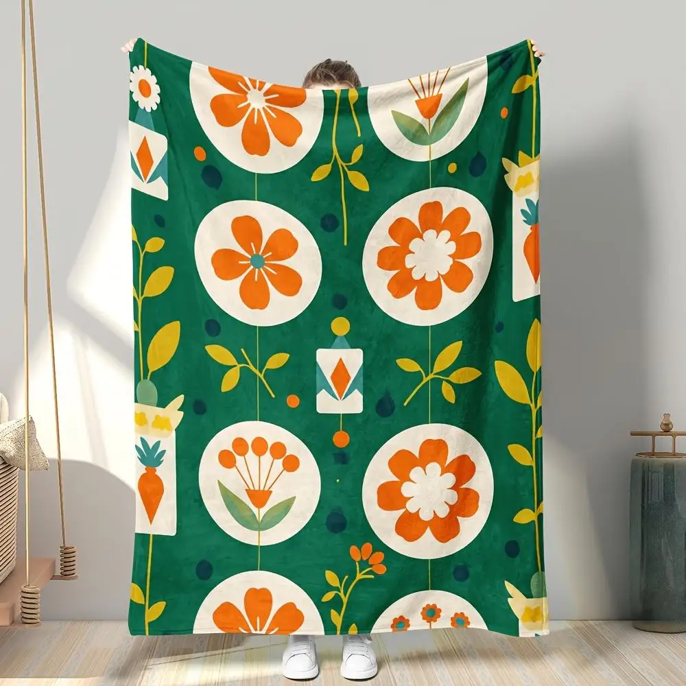 Mid Century Boho Floral Blanket Throw Couch Cover Living Room Decoration Teal Green Orange Autumn Fall Retro Queen Size