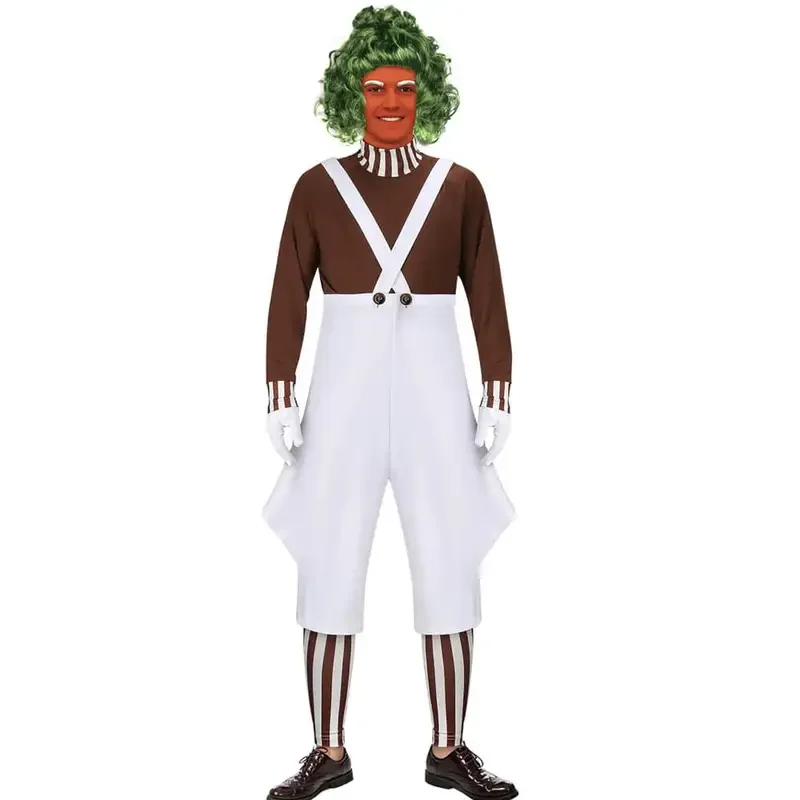 Men's Oompa Loompa Costume with Wig Halloween Party Suit Chocolate Factory Worker Cosplay Outfits for Male