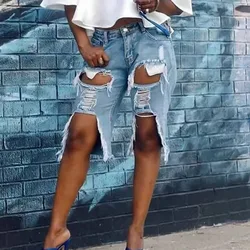 Sexy Gescheurd Gat Knielengte Baggy Denim Shorts Vrouwen Losse Rechte Korte Jeans Indie Mode 2023 Plus Size Shorts Streetwear