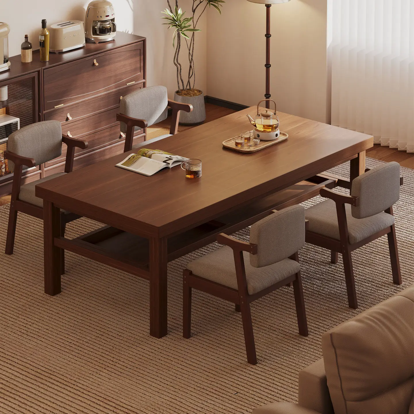 Solid wood double-layer workbench rectangular household eating table